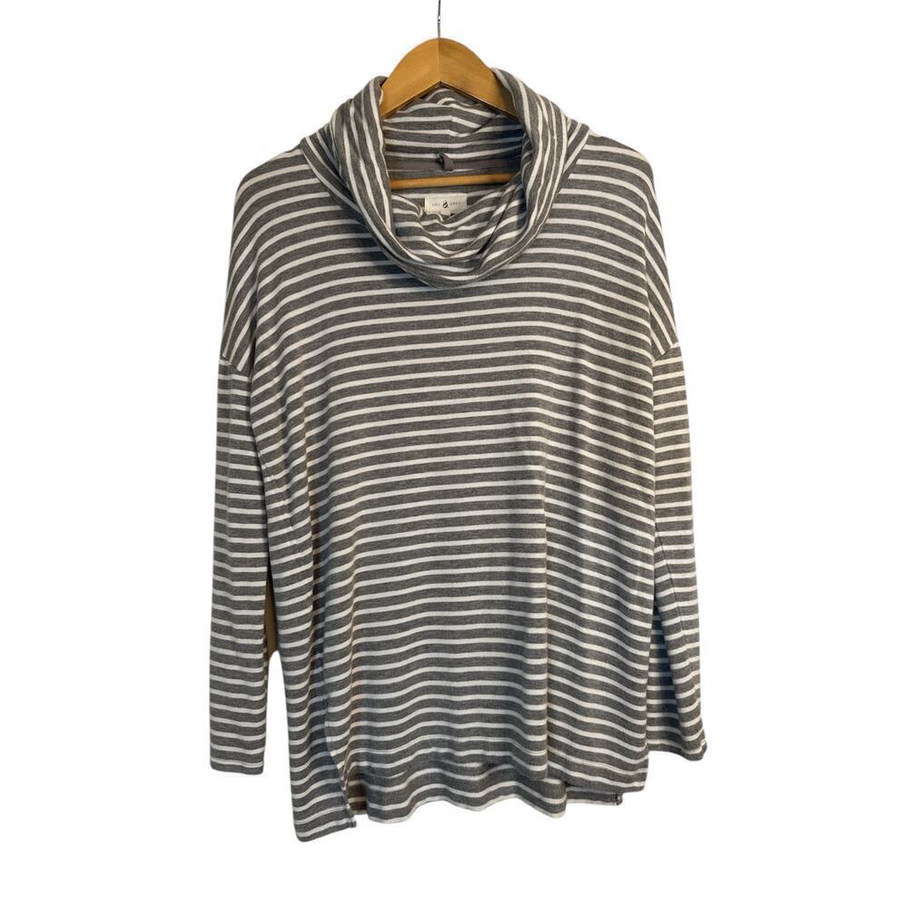 Lou & Grey Women's Oversized Cowlneck Striped Signature Soft Top Sz S Gray White